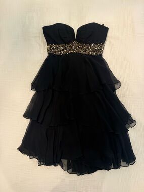 Black Strapless Ruffled Cocktail Dress with Beaded Waist